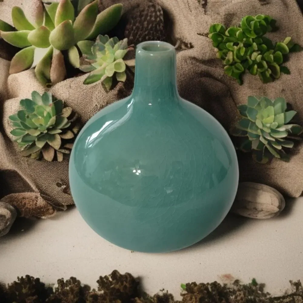 Crate & Barrel Bud Vase Perry Aqua Round Ball Ikebana Coastal‎ Beach House Farm.